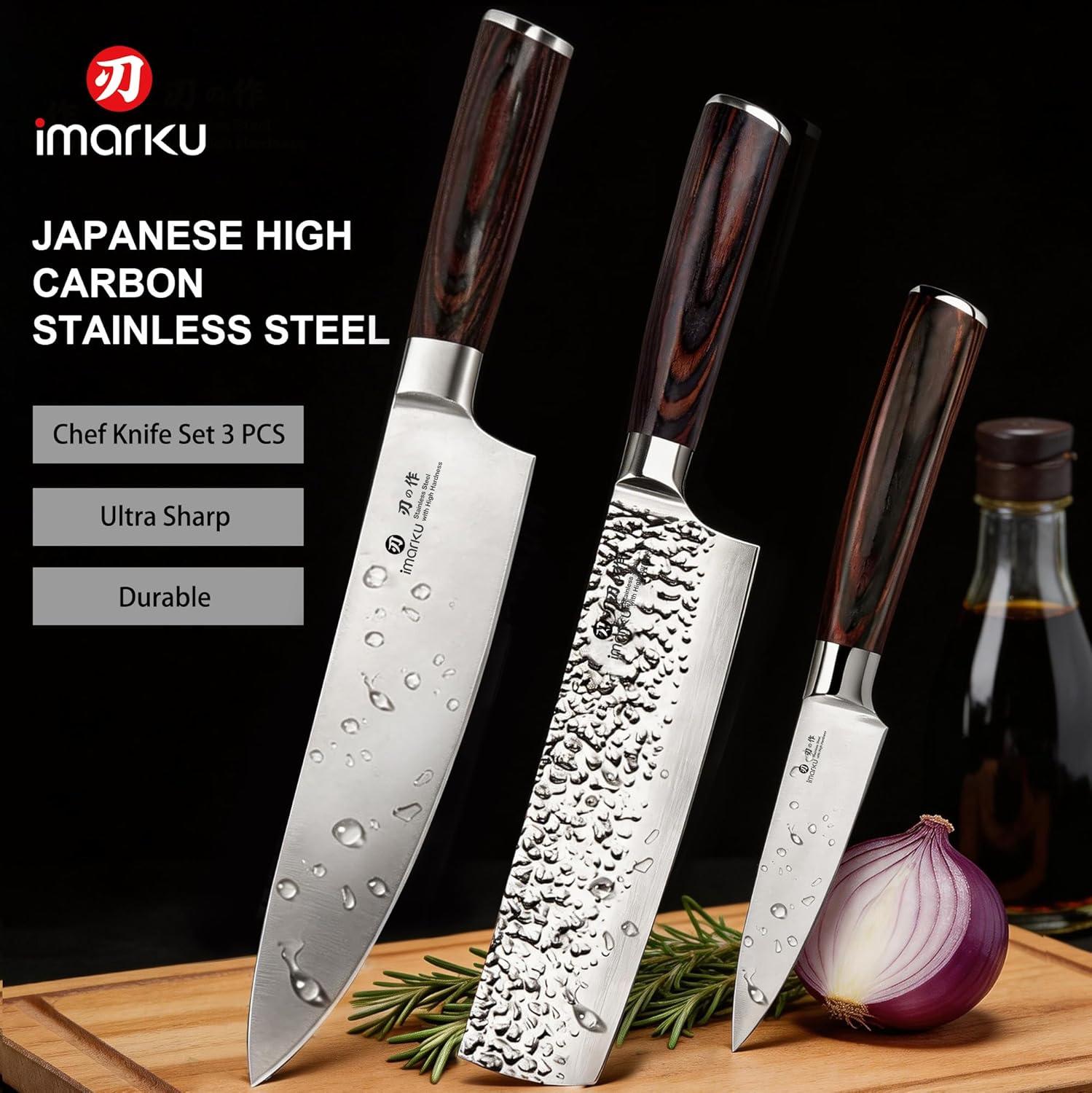 image:imageimarku 3 Pieces Knife set Japanese HC Stainless Steel Kitchen Knife Set Professional Chef Knife Set With Ergonomic Pakkawood Handle Ultra Sharp Knives Set for Kitchen amp Home Cooking Gifts BoxRedbrown