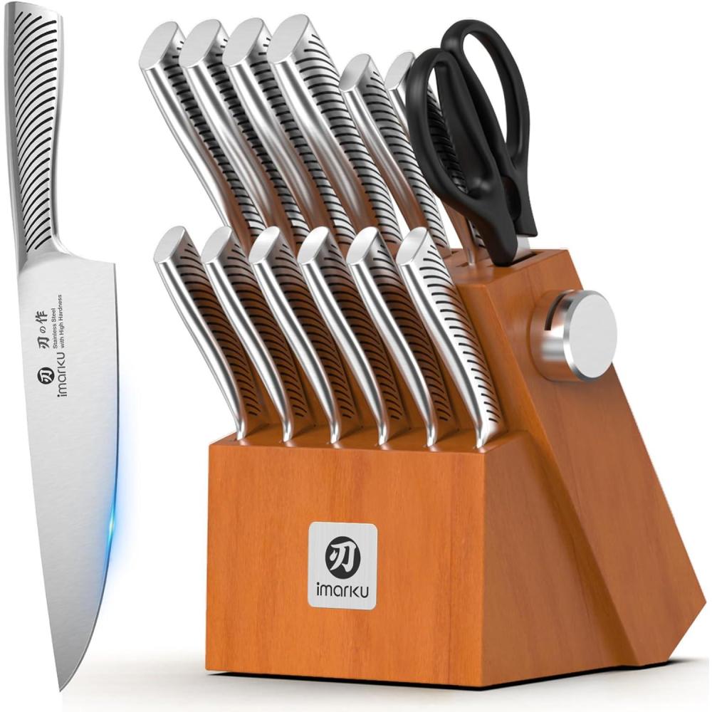 image:imageimarku 3 Pieces Knife set Japanese HC Stainless Steel Kitchen Knife Set Professional Chef Knife Set With Ergonomic Pakkawood Handle Ultra Sharp Knives Set for Kitchen amp Home Cooking Gifts BoxLight Brown
