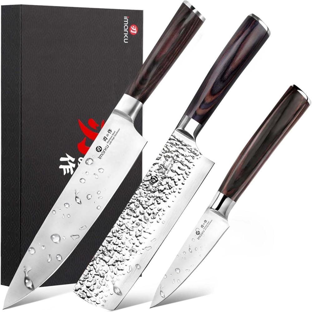 image:imageimarku 3 Pieces Knife set Japanese HC Stainless Steel Kitchen Knife Set Professional Chef Knife Set With Ergonomic Pakkawood Handle Ultra Sharp Knives Set for Kitchen amp Home Cooking Gifts BoxRedbrown
