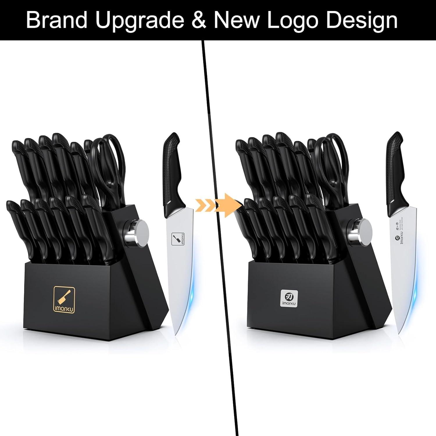 image:imageimarku 14Piece Premium Knife Block Set Black Kitchen Knife Set with Block and Buildin Sharpener HighCarbon Stainless Steel Knives for Lasting Sharpness Dishwasher Safe Gift for MenPure Black