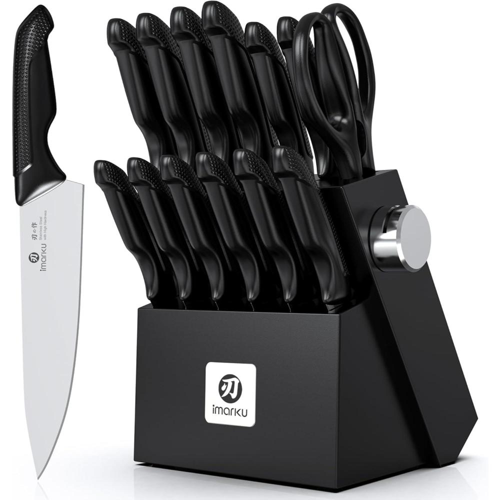 image:imageimarku 14Piece Premium Knife Block Set Black Kitchen Knife Set with Block and Buildin Sharpener HighCarbon Stainless Steel Knives for Lasting Sharpness Dishwasher Safe Gift for MenPure Black