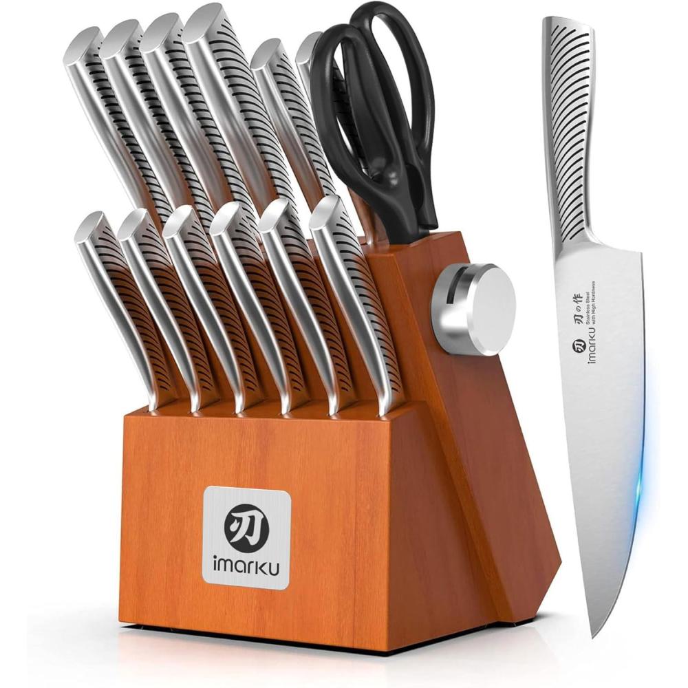 image:imageimarku 14Piece Premium Knife Block Set Black Kitchen Knife Set with Block and Buildin Sharpener HighCarbon Stainless Steel Knives for Lasting Sharpness Dishwasher Safe Gift for MenBrown