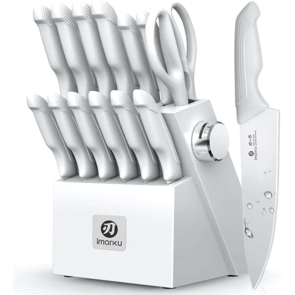 image:imageimarku 14Piece Premium Knife Block Set Black Kitchen Knife Set with Block and Buildin Sharpener HighCarbon Stainless Steel Knives for Lasting Sharpness Dishwasher Safe Gift for MenGrayish White