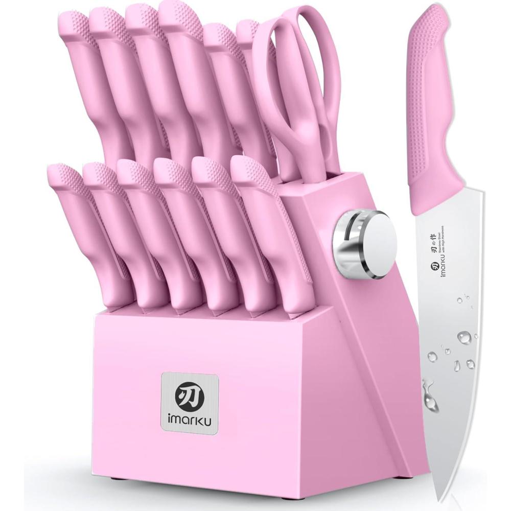 image:imageimarku 14Piece Premium Knife Block Set Black Kitchen Knife Set with Block and Buildin Sharpener HighCarbon Stainless Steel Knives for Lasting Sharpness Dishwasher Safe Gift for MenPink