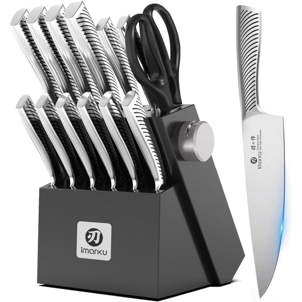 image:imageimarku 14Piece Premium Knife Block Set Black Kitchen Knife Set with Block and Buildin Sharpener HighCarbon Stainless Steel Knives for Lasting Sharpness Dishwasher Safe Gift for MenBlack
