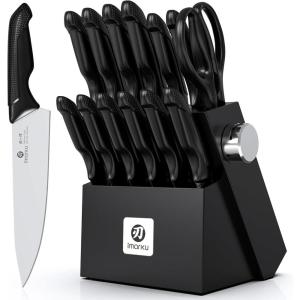 imarku 14-Piece Premium Knife Block Set, Black Kitchen Knife Set with Block and Build-in Sharpener, High-Carbon Stainless Steel Knives for Lasting Sharpness, Dishwasher Safe, Gift for Men(Pure Black)
