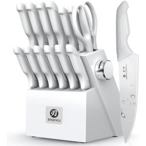 imarku 14-Piece Premium Knife Block Set, Black Kitchen Knife Set with Block and Build-in Sharpener, High-Carbon Stainless Steel Knives for Lasting Sharpness, Dishwasher Safe, Gift for Men(Grayish White)