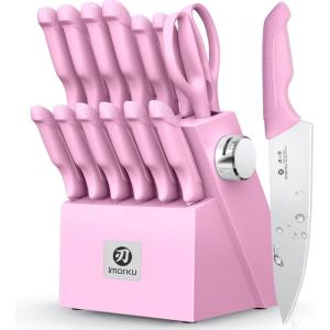imarku 14-Piece Premium Knife Block Set, Black Kitchen Knife Set with Block and Build-in Sharpener, High-Carbon Stainless Steel Knives for Lasting Sharpness, Dishwasher Safe, Gift for Men(Pink)